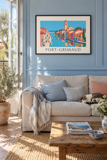 Affiche canaux et maisons colorées de Port-Grimaud : encadrée au mur