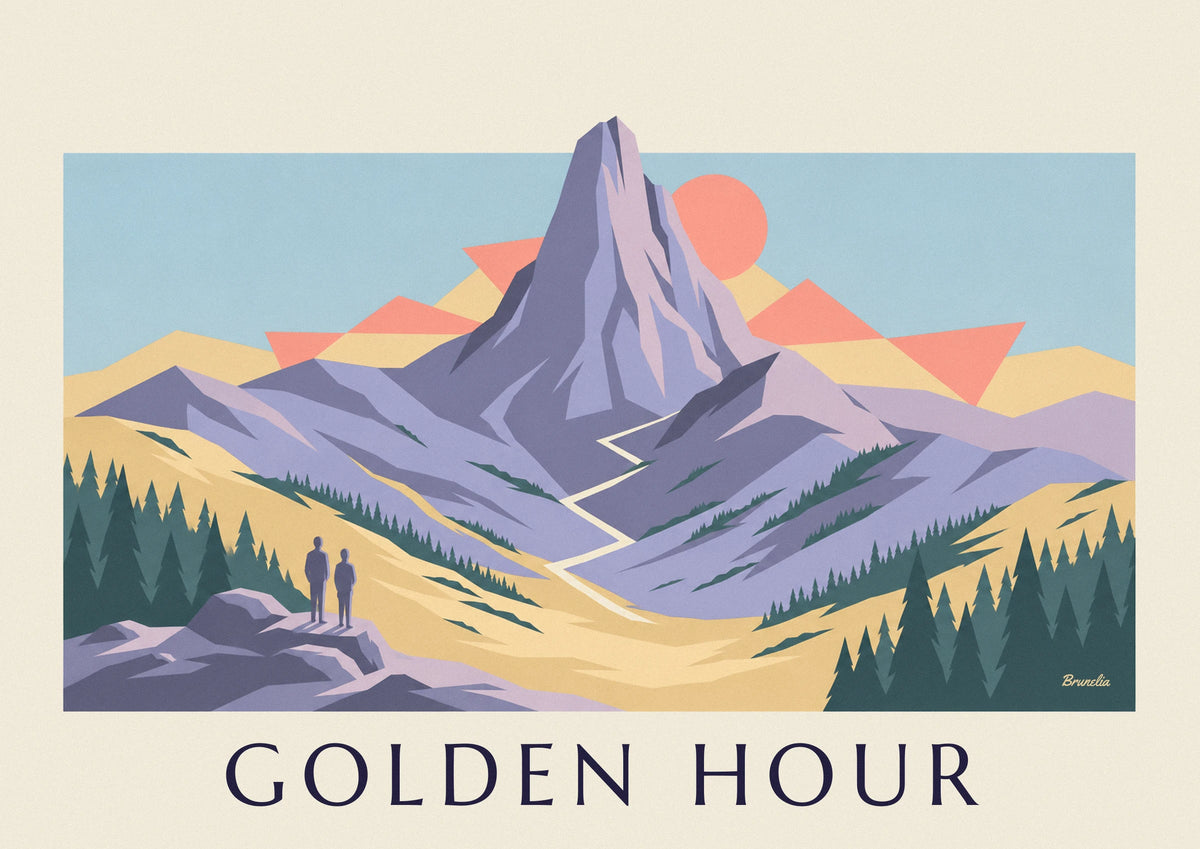 Hikers facing a peak at sunset poster