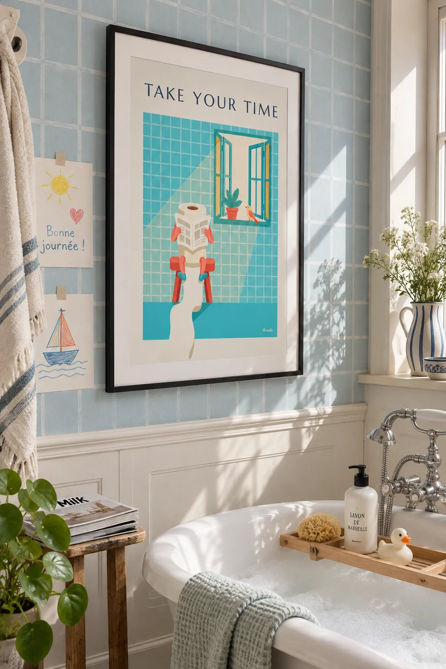 Poster of a toilet paper character deep in reading: framed on the wall