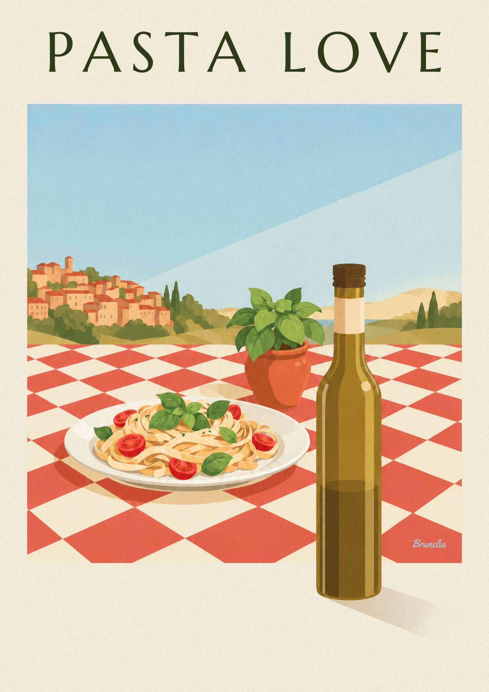 A plate of tagliatelle with basil and cherry tomatoes, on the red checked tablecloth