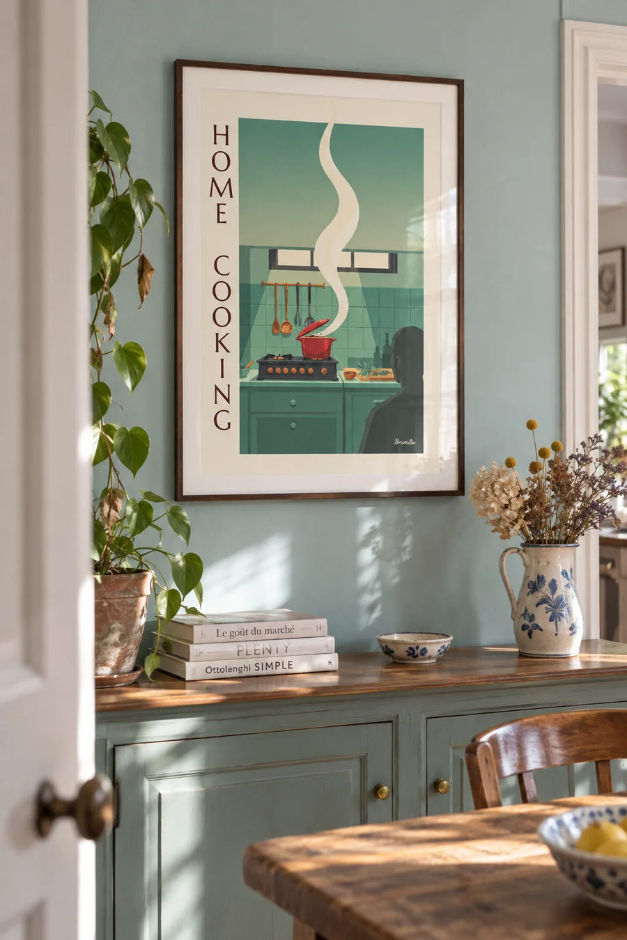 Affiche cocotte rouge qui mijote et ustensiles de cuisine : encadrée au mur