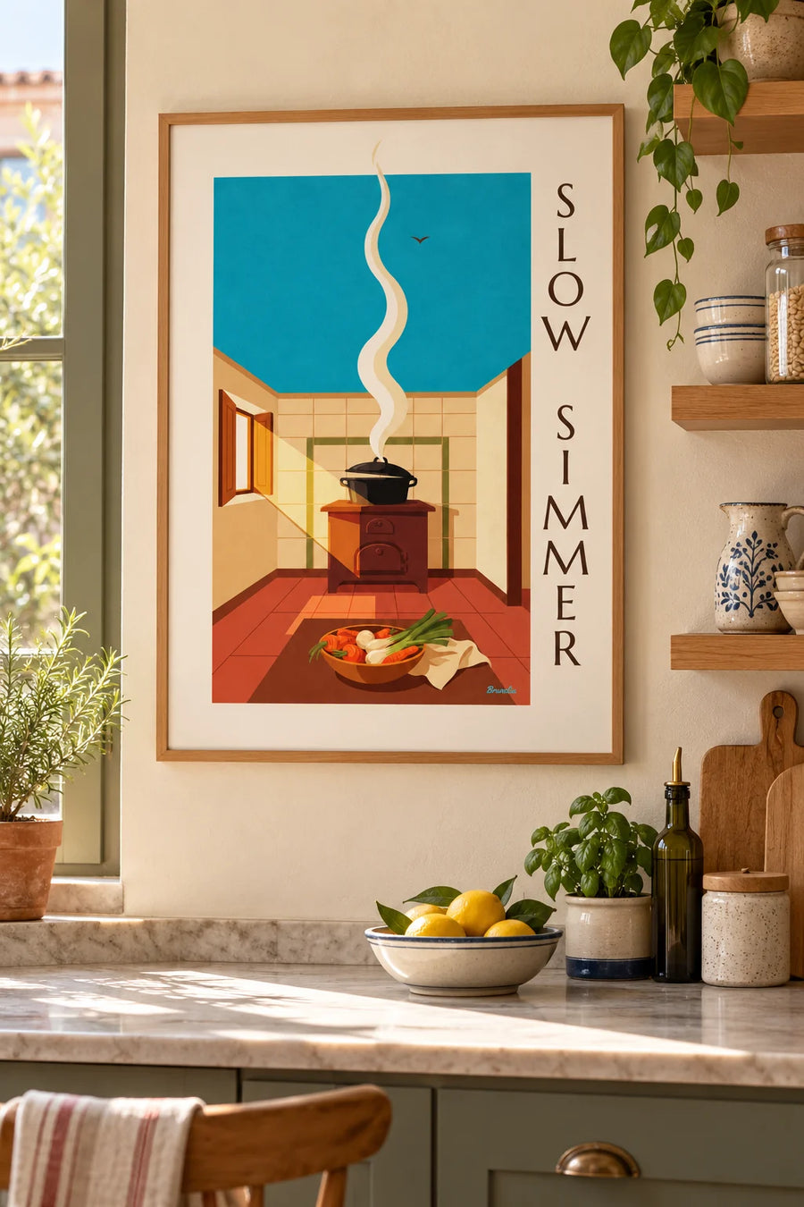 Plakat parujący pot-au-feu w żeliwnym garnku: w ramie na ścianie