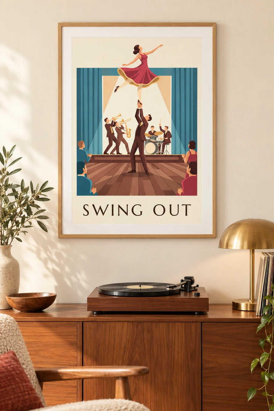 Plakat para tancerzy swinga w sali balowej: w ramie na ścianie