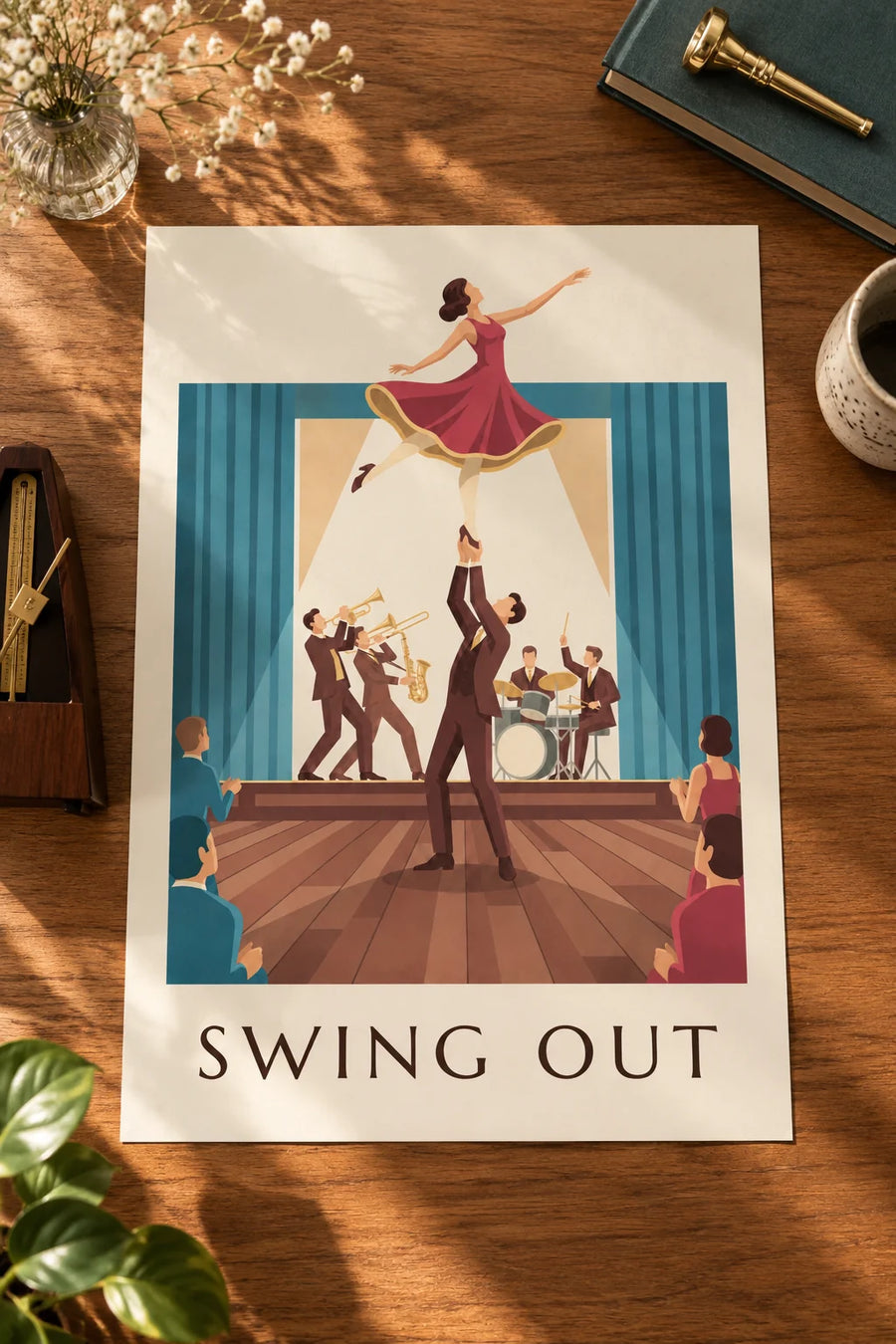 Affiche couple de danseurs de swing dans une salle de bal : posée sur une table
