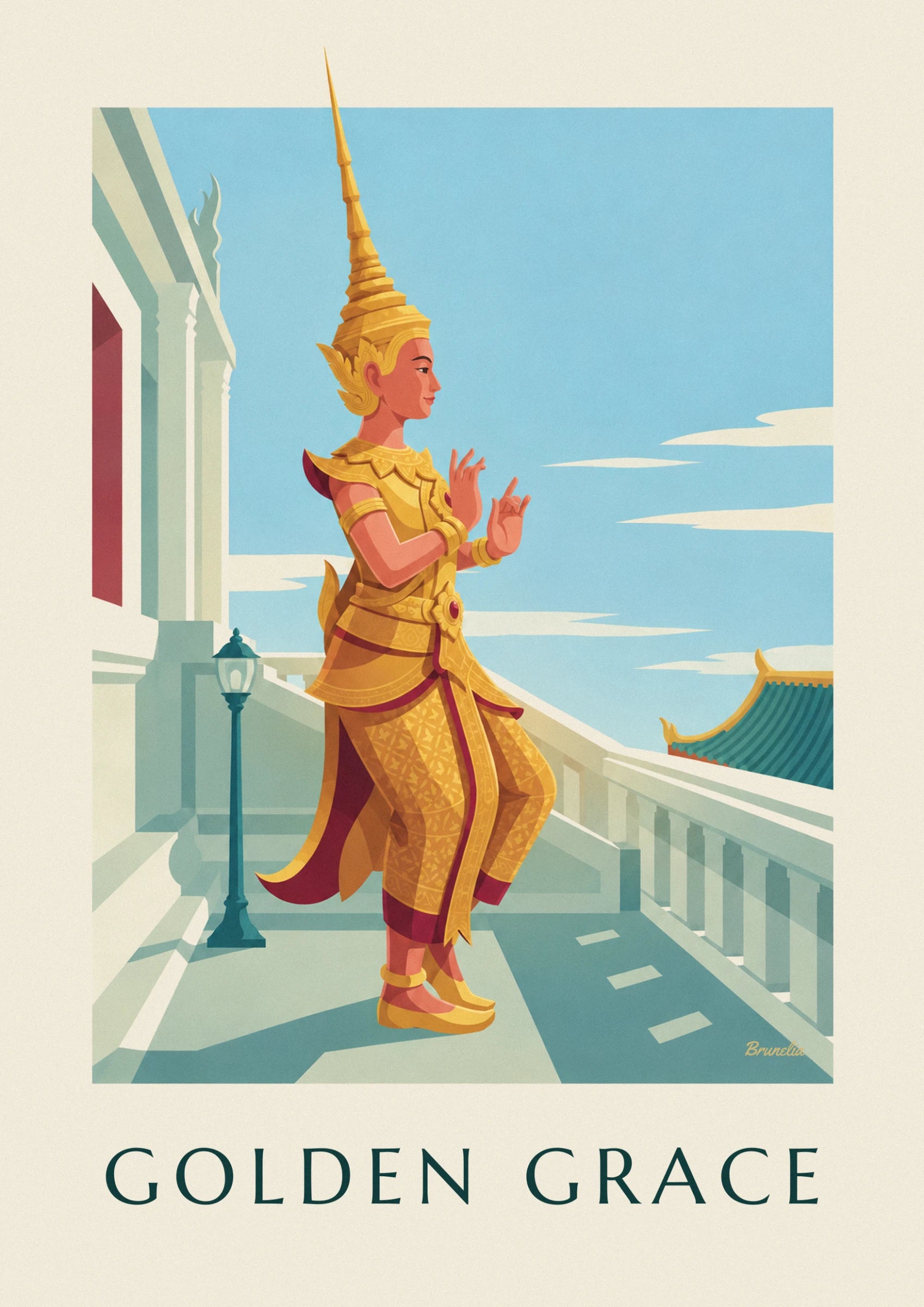 The dancer in profile, with a pointed golden headdress and raised hands with slender fingers