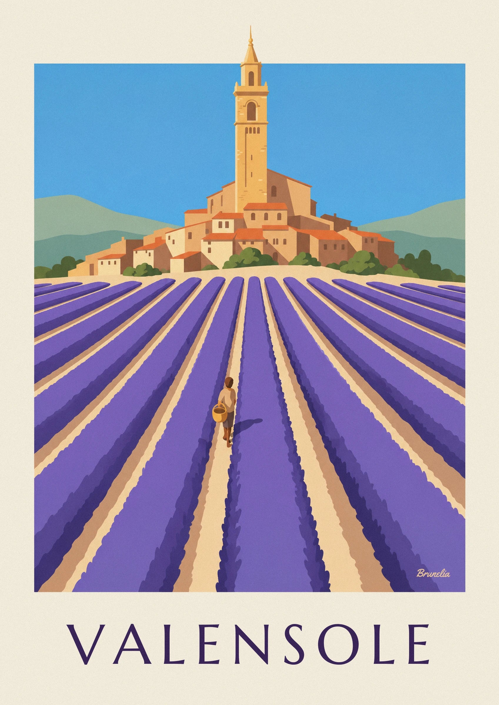 Le haut clocher ocre au-dessus des maisons aux toits orangés du village de Valensole