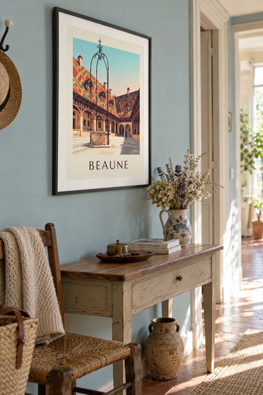 Poster of the glazed tile roofs and well of the Hospices de Beaune: framed on the wall