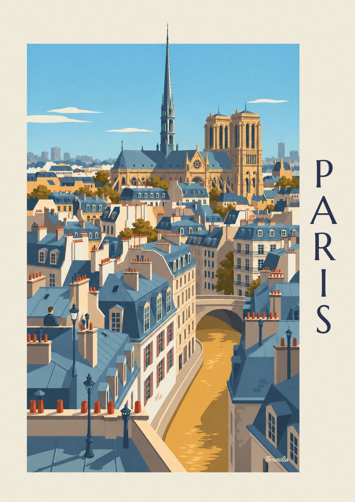 Paris Haussmann rooftops and Notre-Dame cathedral poster