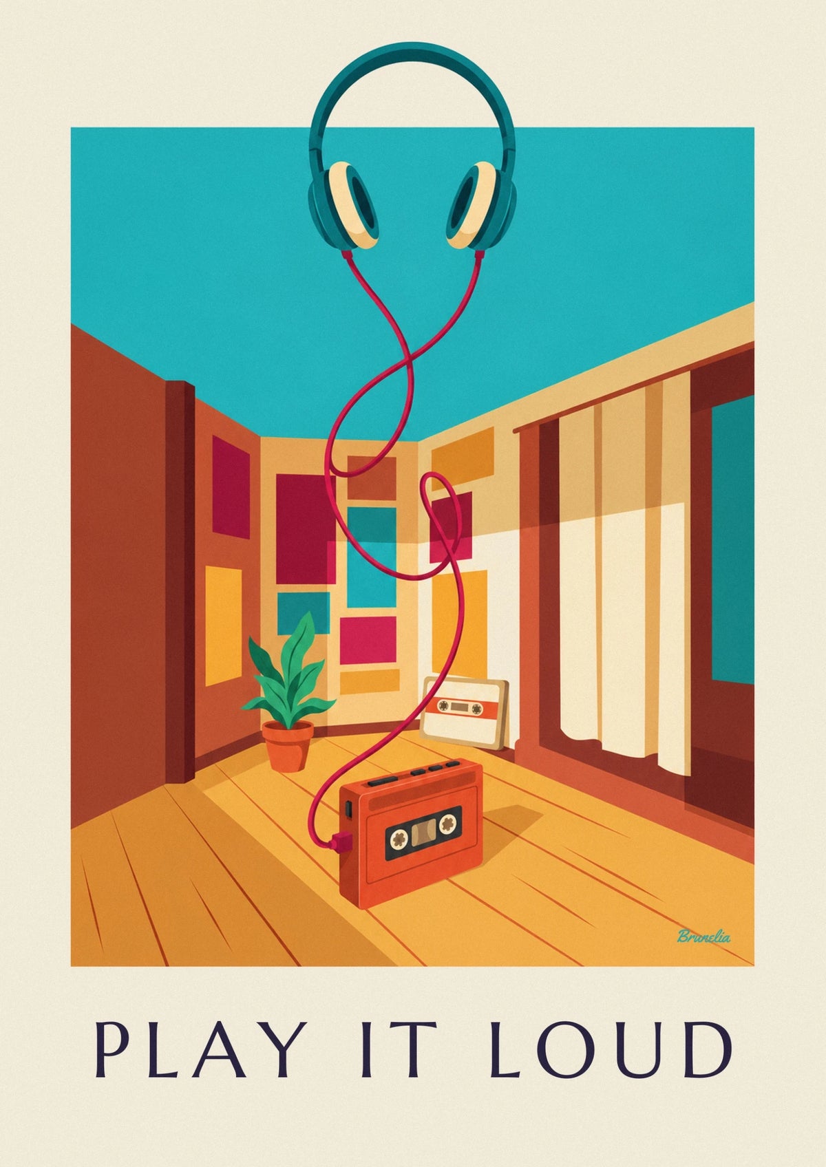 Play It Loud cassette player and headphones poster
