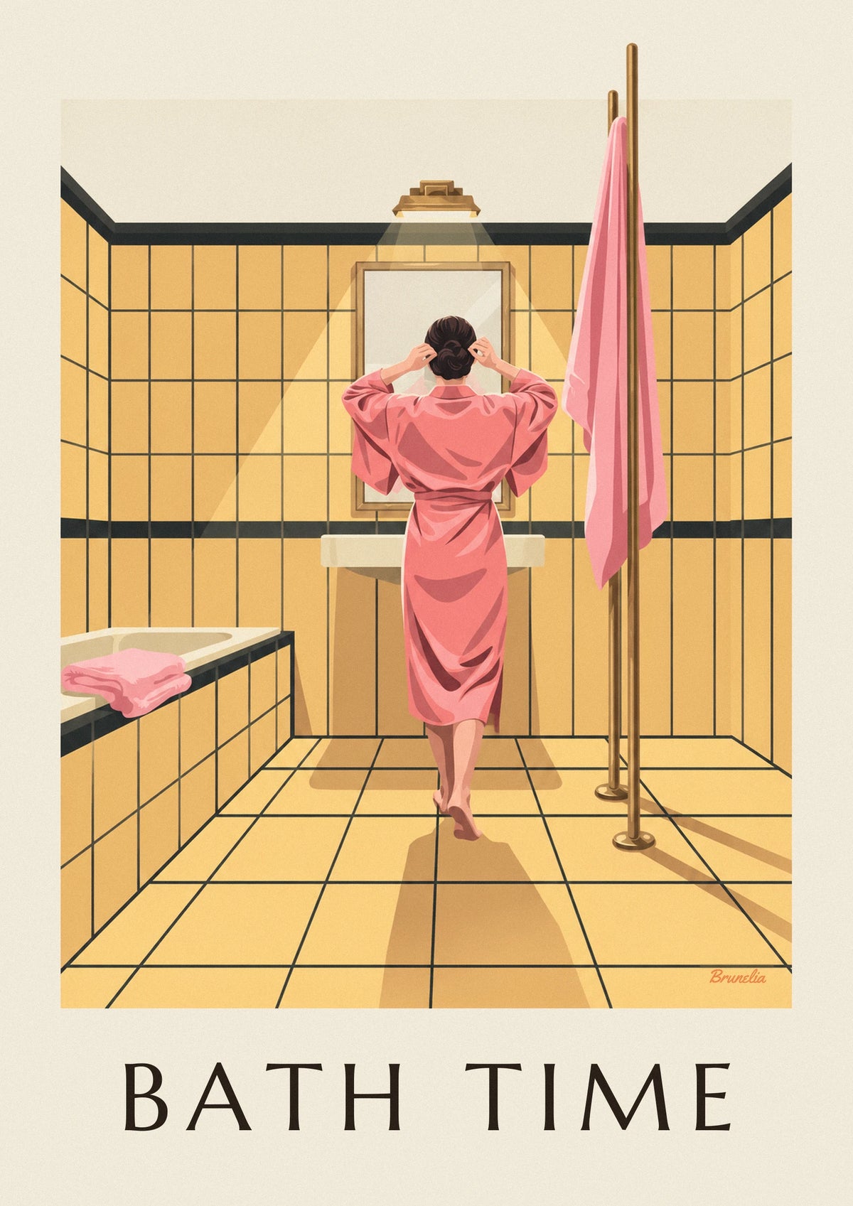Woman in pink bathrobe in a yellow bathroom poster