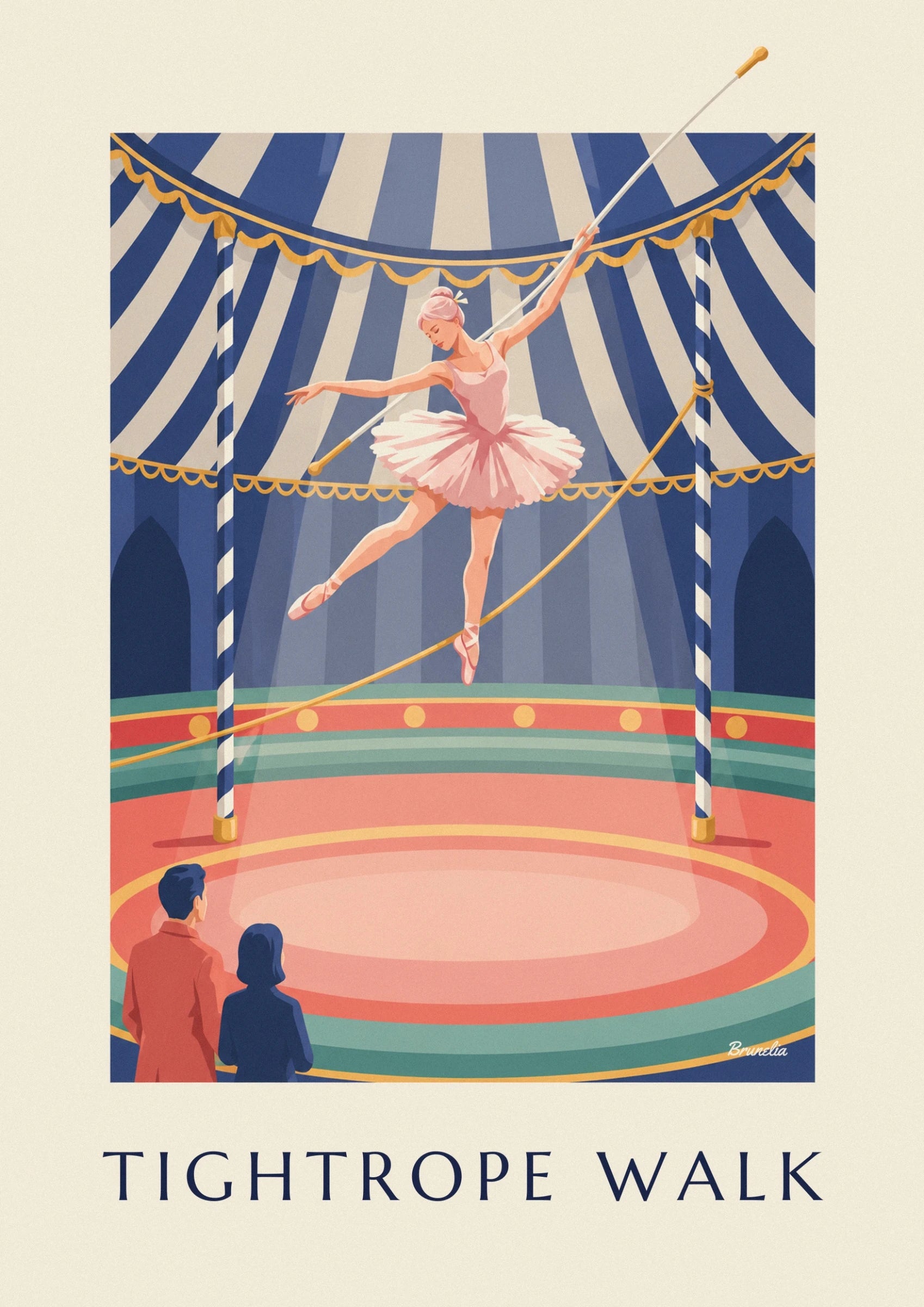 La funambule en tutu rose sur son fil doré, sous le chapiteau rayé bleu et crème