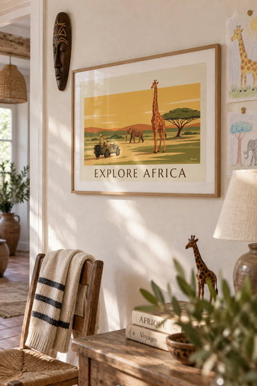 Affiche safari en Afrique avec éléphant, girafe et acacia : encadrée au mur