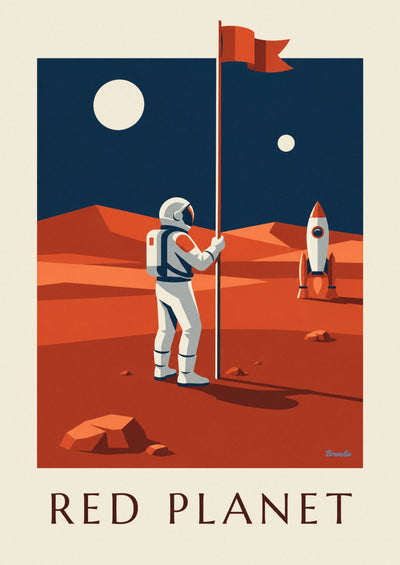 Plakat z astronautą wbijającym flagę na Marsie: cały plakat