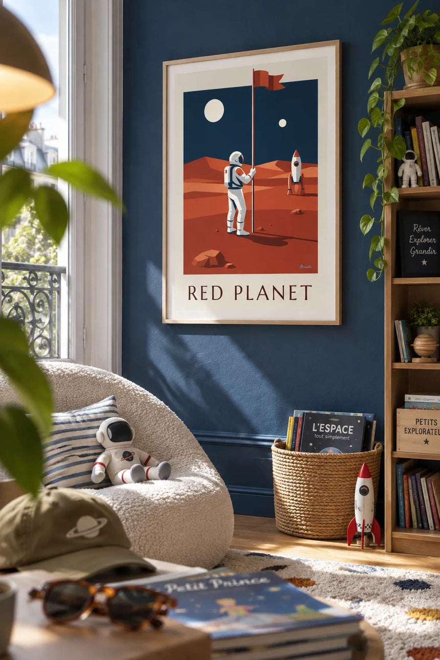 Affiche astronaute plantant un drapeau sur la planète Mars : encadrée au mur