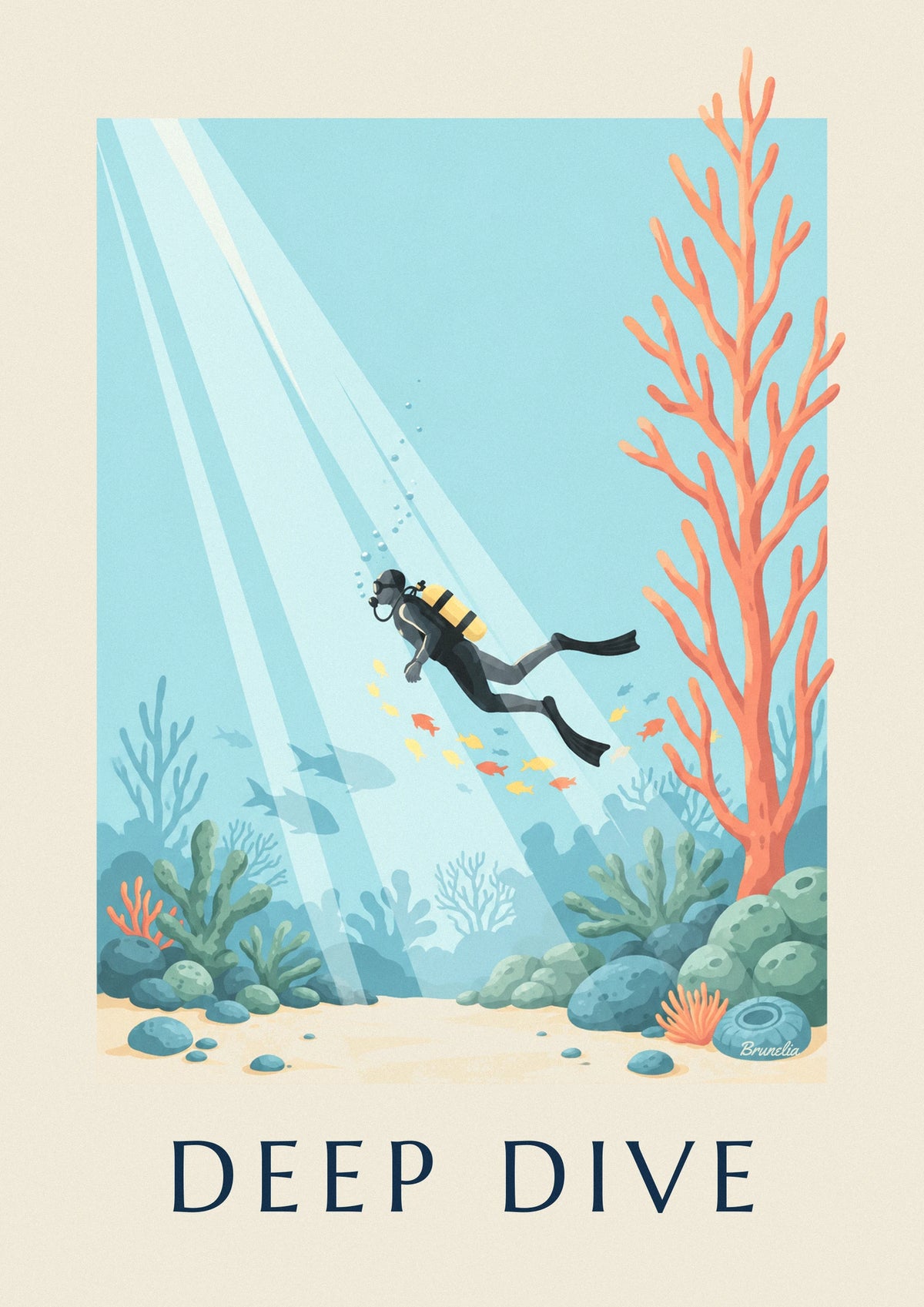 Affiche plongeur sous-marin parmi les coraux et poissons