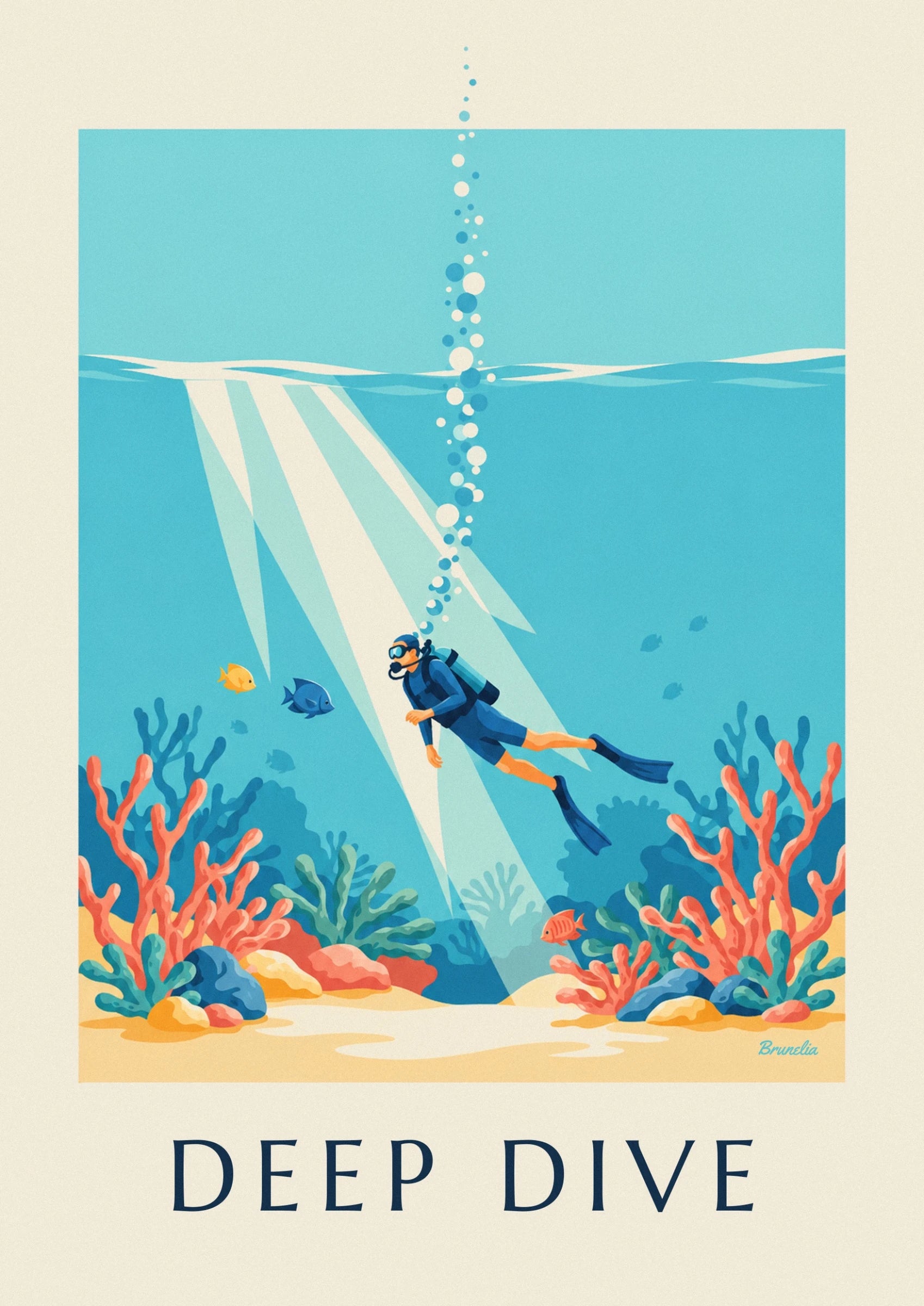 The diver in a blue wetsuit, with an air tank, flippers and bubbles