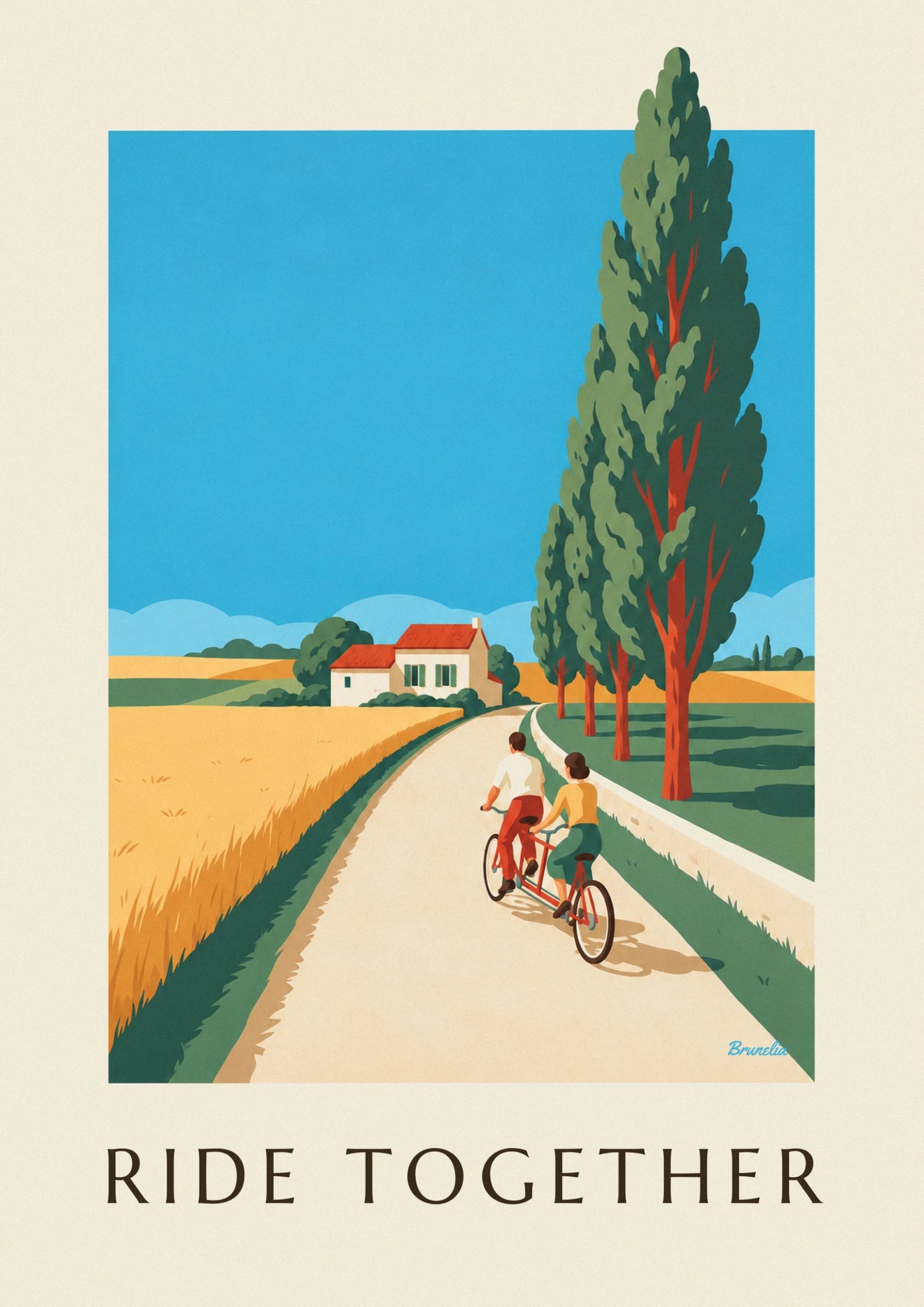 Le couple sur son tandem rouge, entre route crème et talus vert