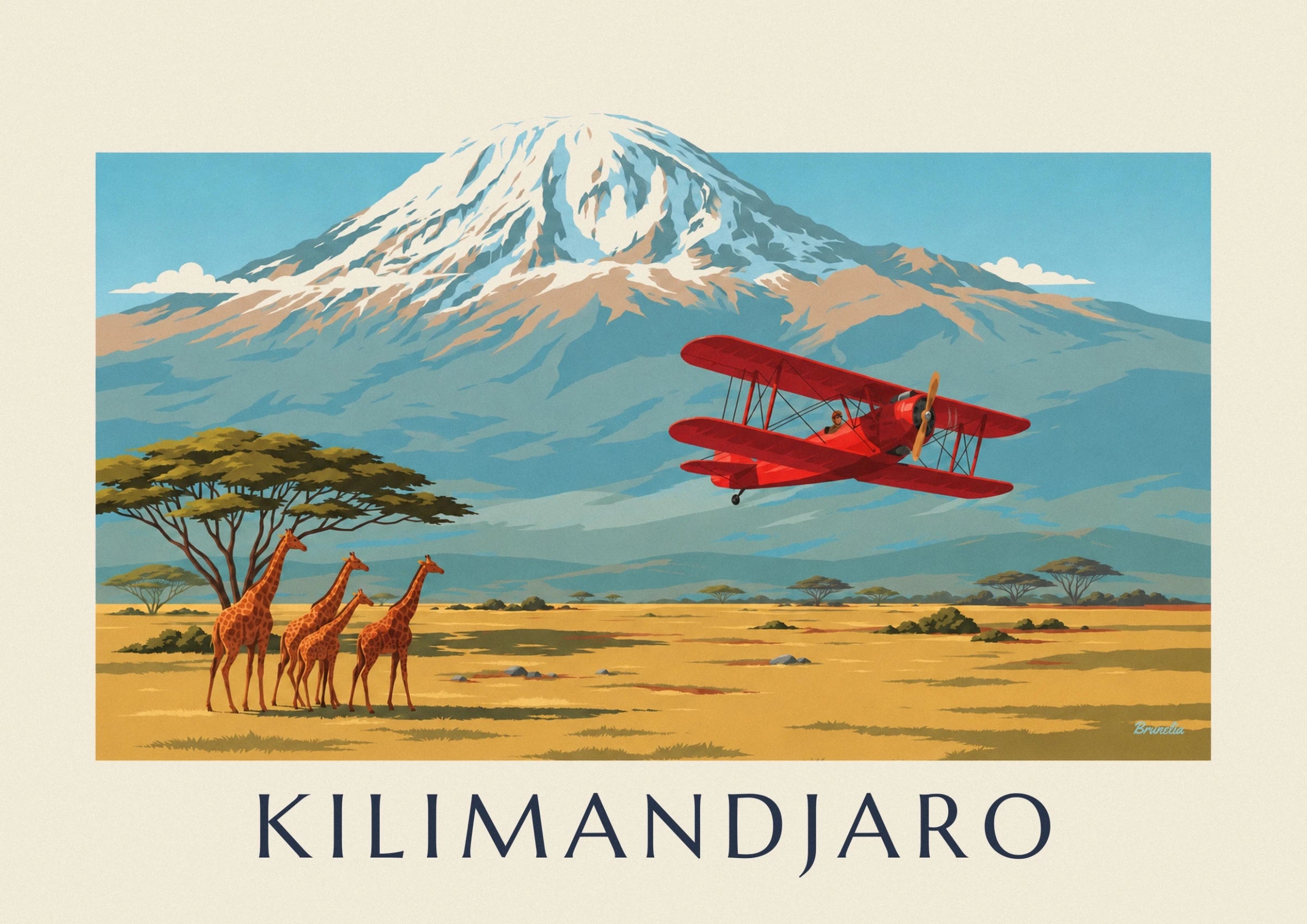Le biplan rouge et son pilote devant les pentes enneigées du Kilimandjaro