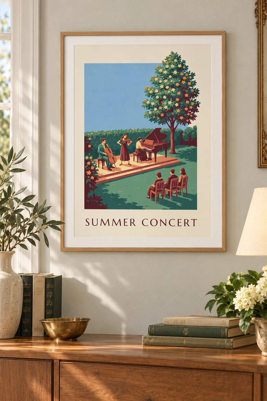 Plakat trio muzyki klasycznej na letnim koncercie pod gołym niebem : w ramie na ścianie