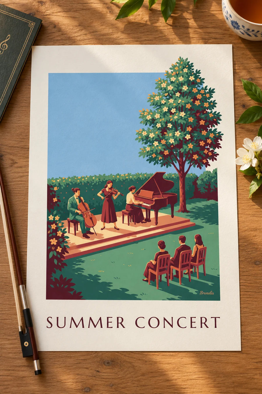 Plakat trio muzyki klasycznej na letnim koncercie pod gołym niebem : na stole