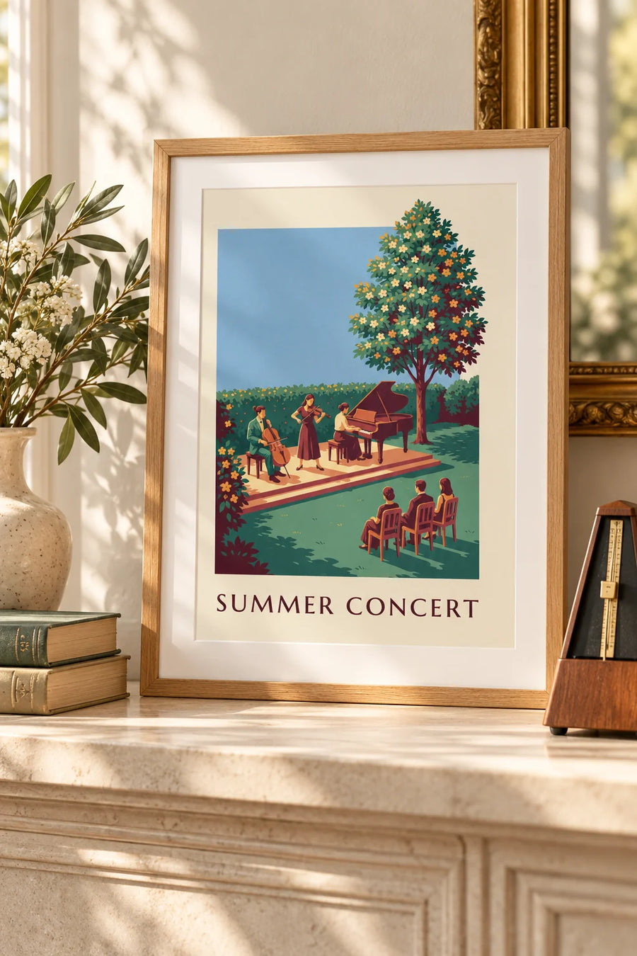 Plakat trio muzyki klasycznej na letnim koncercie pod gołym niebem : mały format A4 w ramie