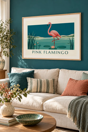 Plakat z różowym flamingiem na jednej nodze wśród lilii wodnych: oprawiony na ścianie