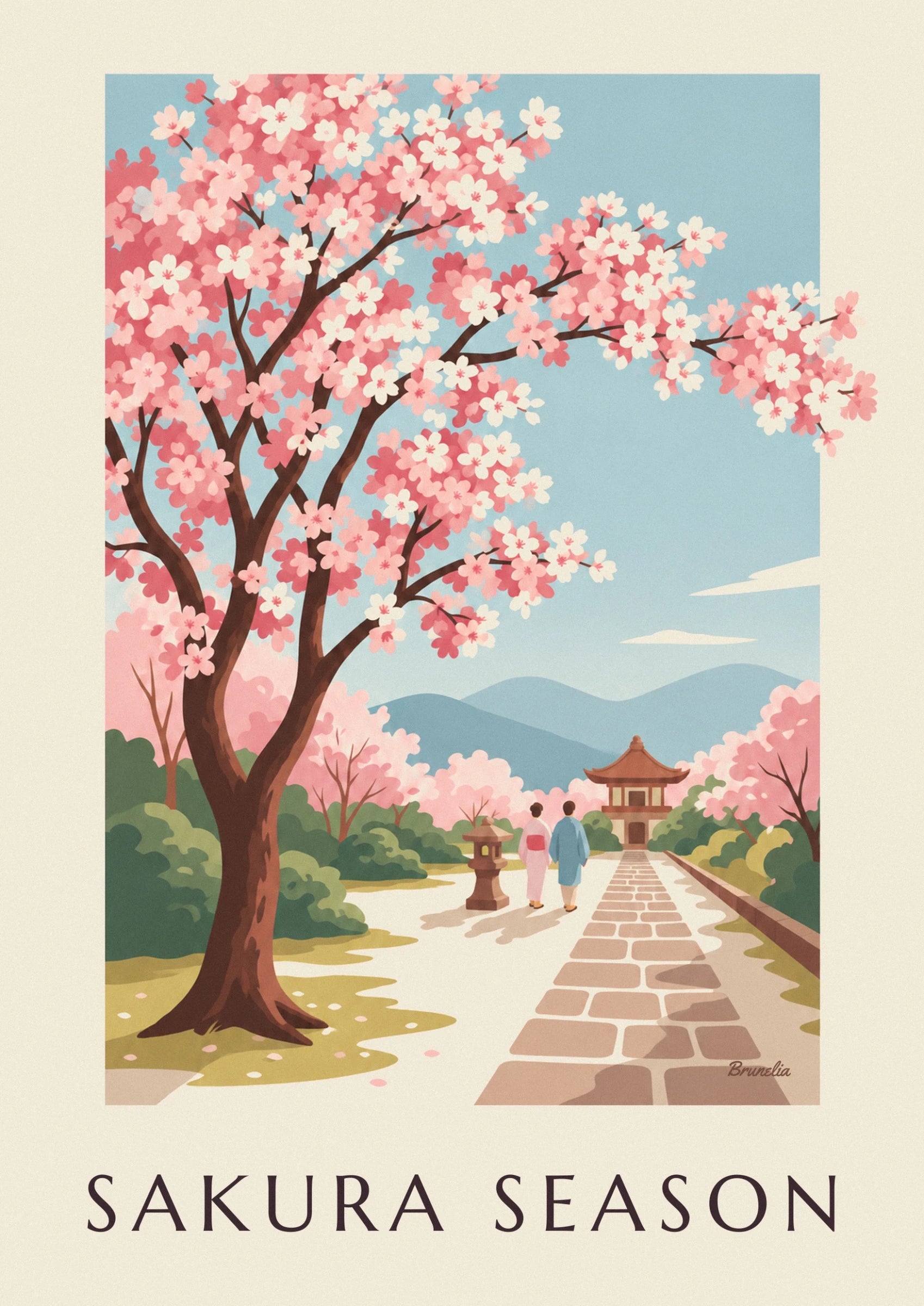 The brown branches of the Japanese cherry tree covered in pink and cream blossom