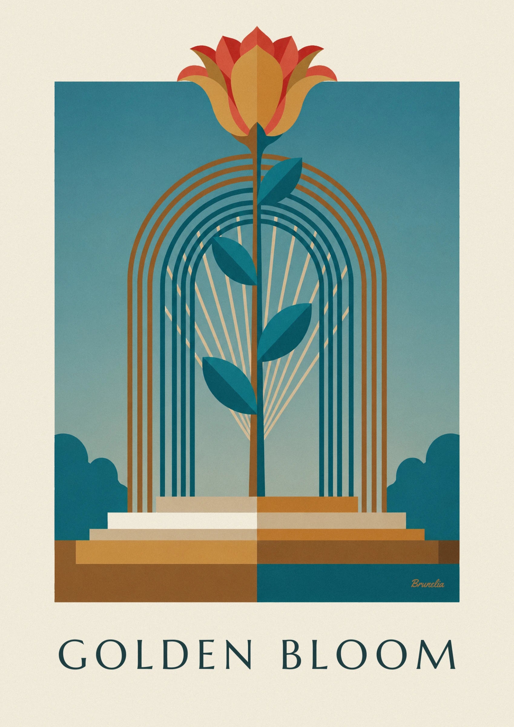 The flower with red and golden petals, resting on copper-coloured arches against a teal background