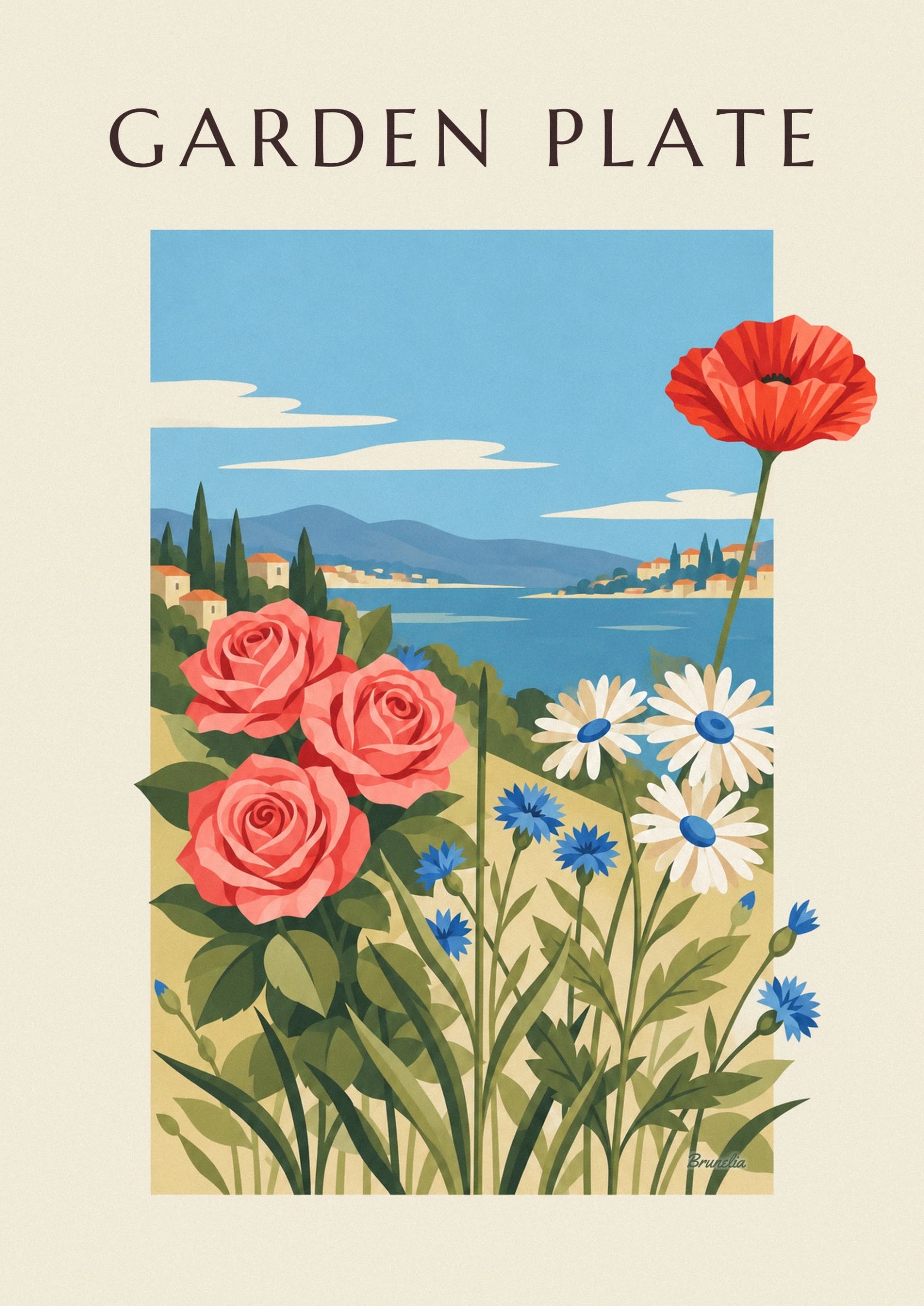 The 3 coral roses and cornflowers, in front of a waterside village with orange roofs