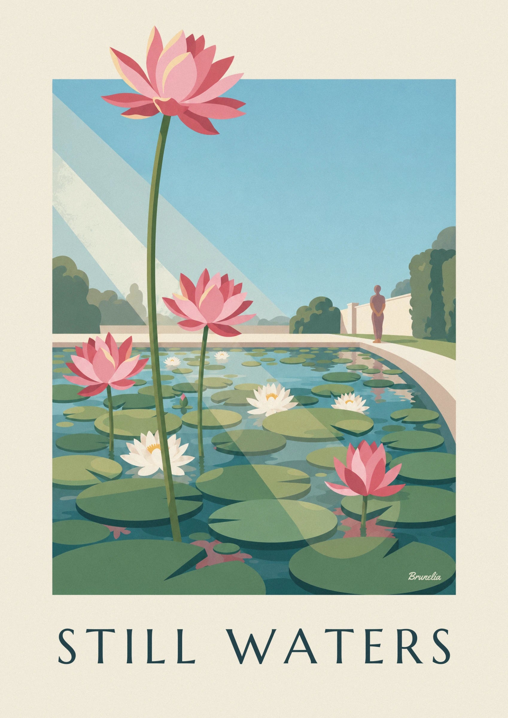 Un lotus rose aux pétales dentelés sur sa haute tige verte, devant l'eau bleue