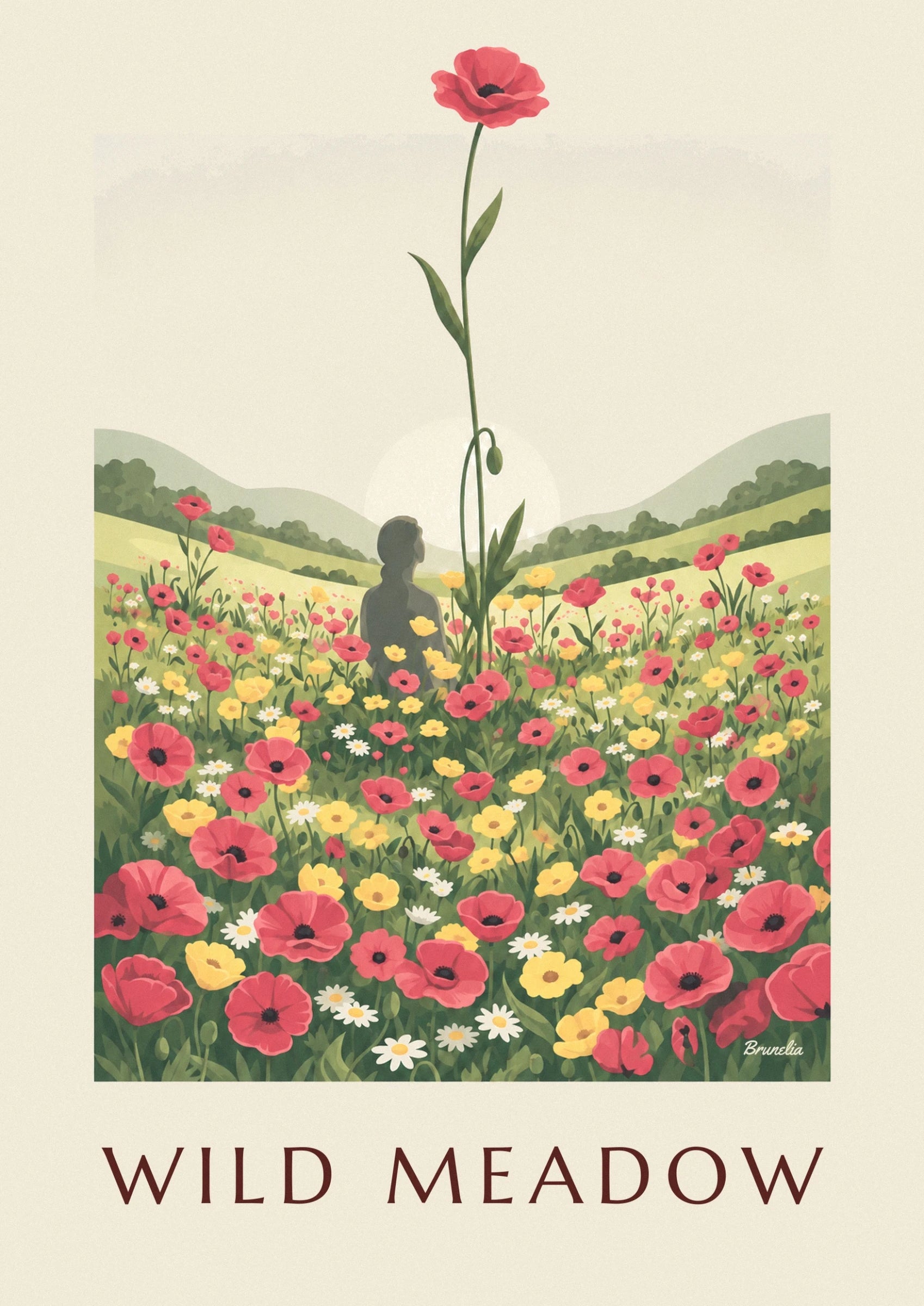 Un coquelicot rouge au cœur sombre, sur une longue tige aux feuilles vertes