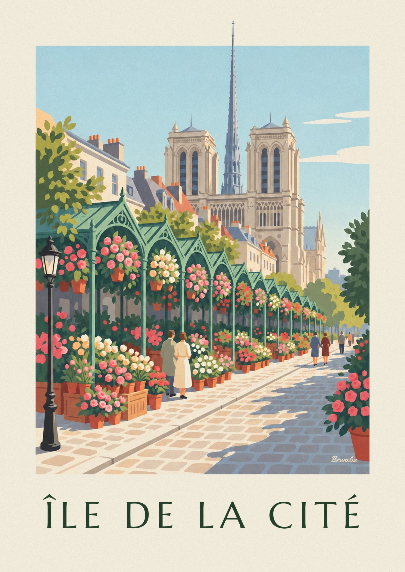 Les 2 tours de Notre-Dame et sa flèche au-dessus des toits et des étals