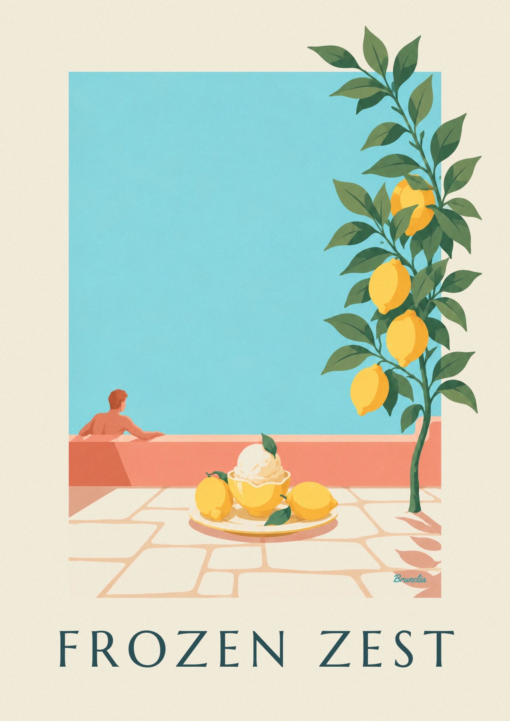 Le sorbet dans son écorce de citron, entouré de 2 citrons sur une assiette