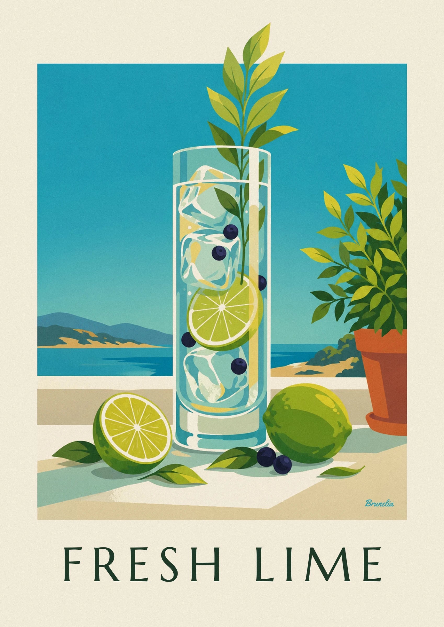 Une rondelle de citron vert, des glaçons et des baies sombres dans le verre
