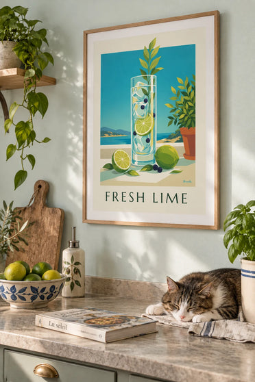 Affiche gin tonic au citron vert et baies de genièvre : encadrée au mur