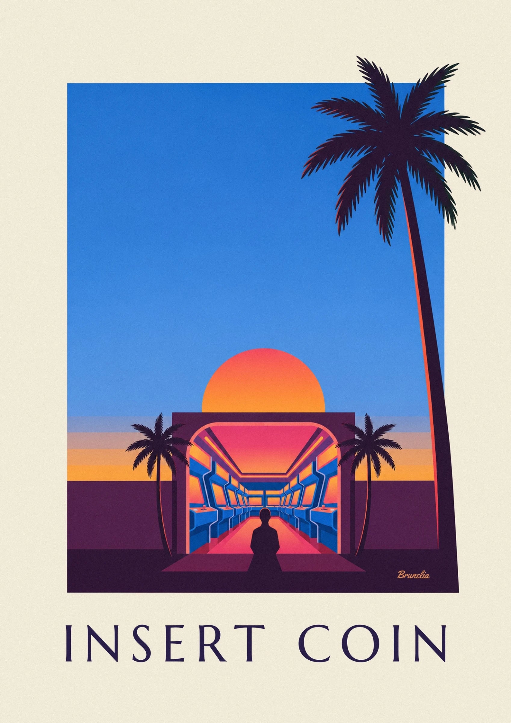 Affiche salle d'arcade, néons et soleil couchant : détail en gros plan