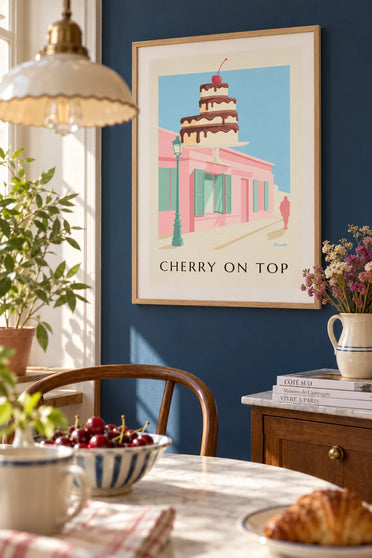 Poster of a chocolate cake with a cherry in a pastry shop window: framed on the wall