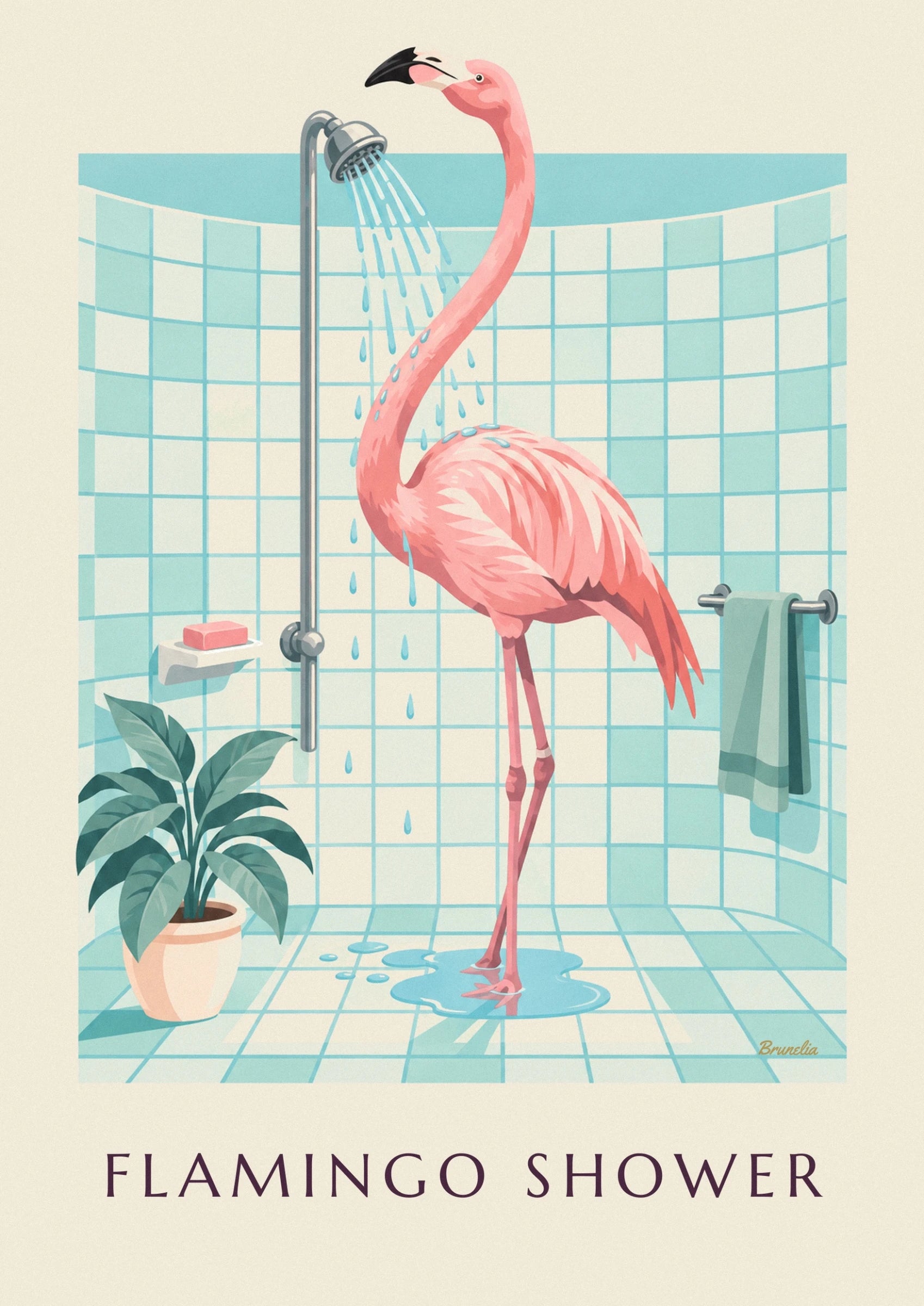 Le plumage rose du flamant et ses longues pattes devant le carrelage turquoise