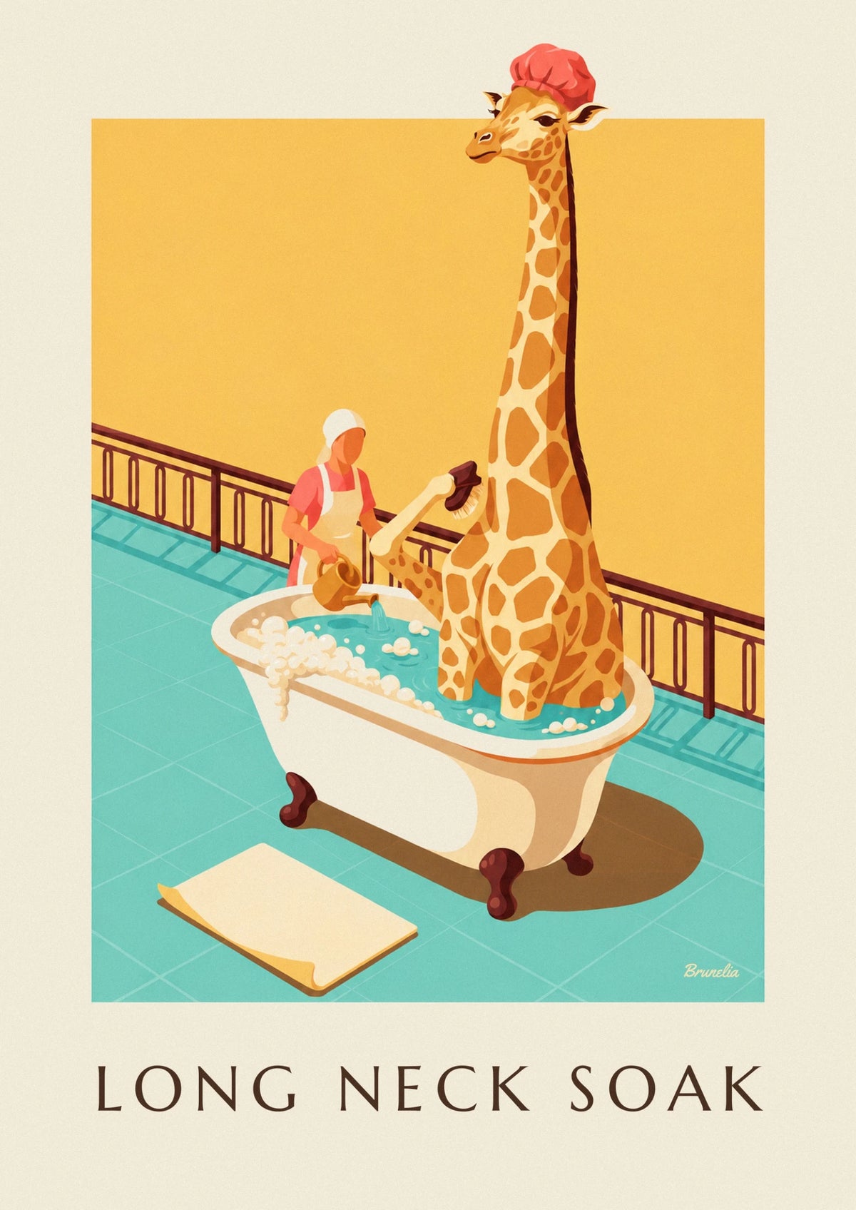 Funny giraffe in a bubble bath poster