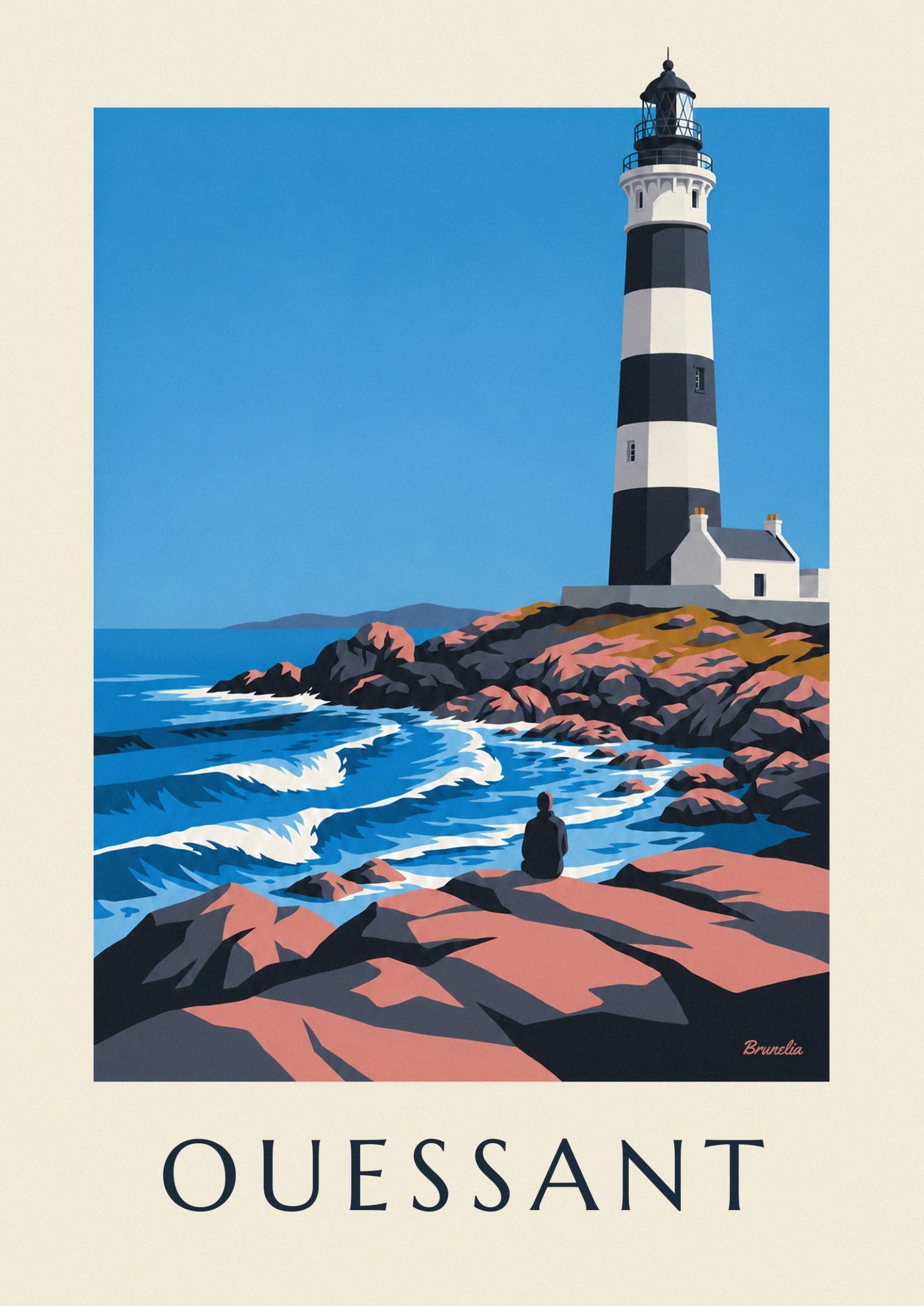 La tour du phare du Créac'h, rayée de noir et de blanc sur le ciel bleu
