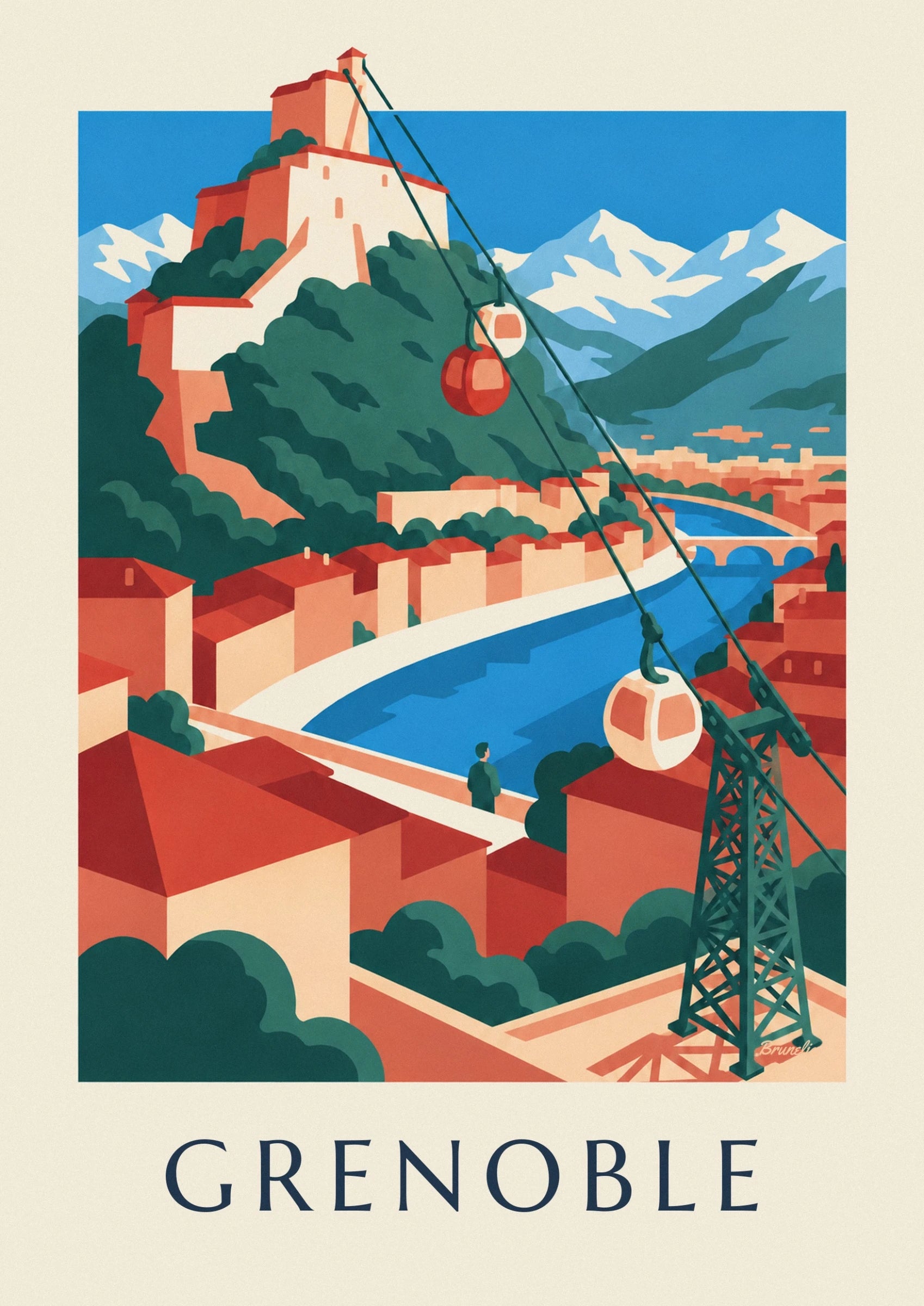 Les bulles rouge et crème du téléphérique devant les pentes vertes de Grenoble