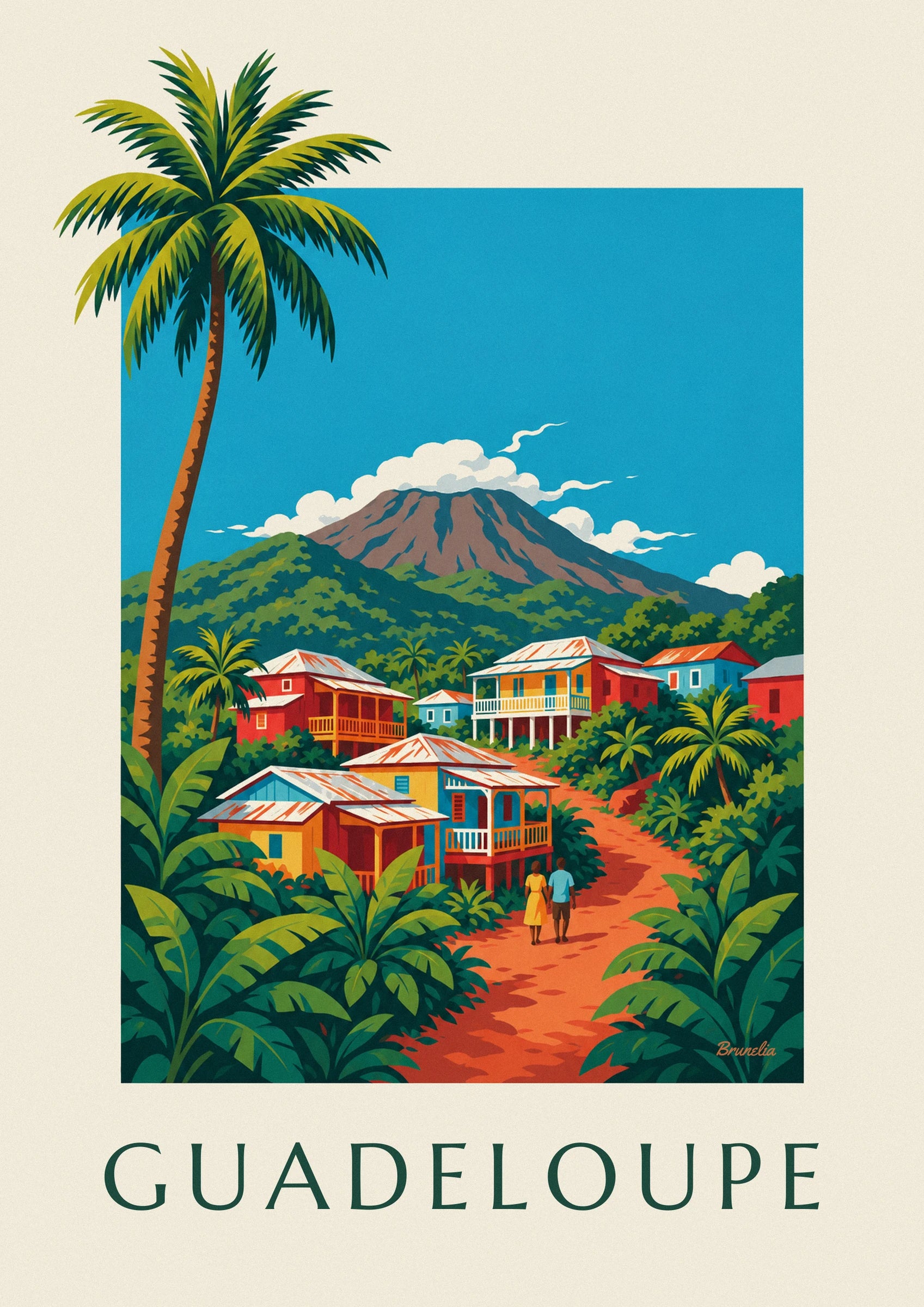 Affiche maisons créoles et volcan de la Soufrière en Guadeloupe: zbliżenie szczegółu