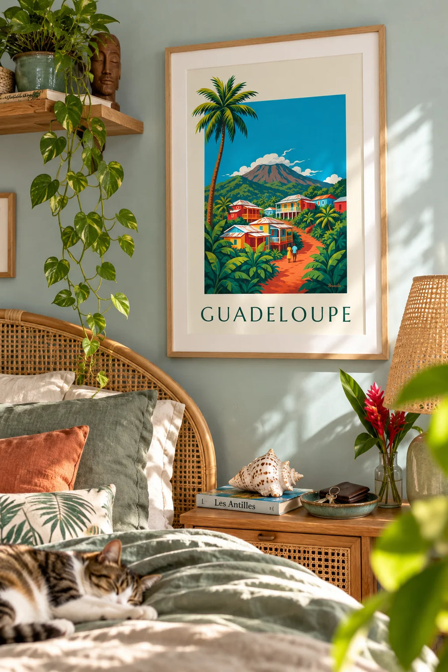 Plakat kreolskie domy i wulkan Soufrière na Gwadelupie: w ramie na ścianie