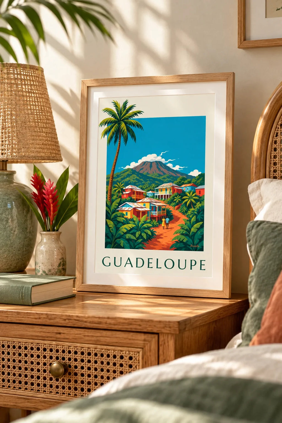 Plakat z kreolskimi domami i wulkanem La Soufrière na Gwadelupie: mały format A4, w ramie