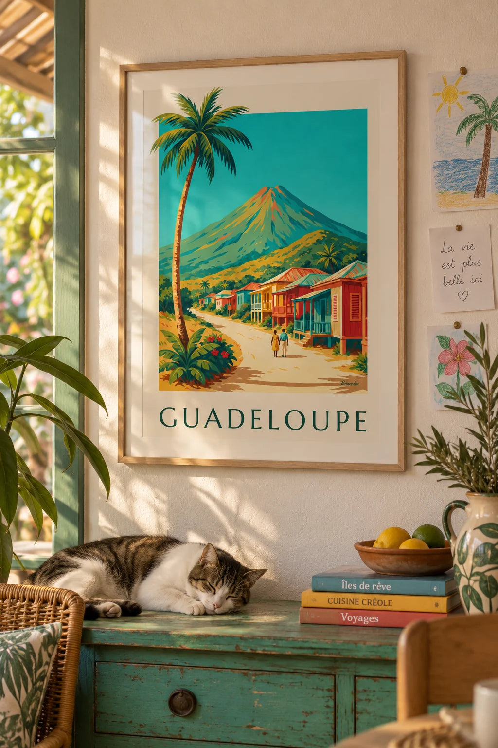 Affiche maisons créoles et volcan de la Soufrière en Guadeloupe : encadrée au mur