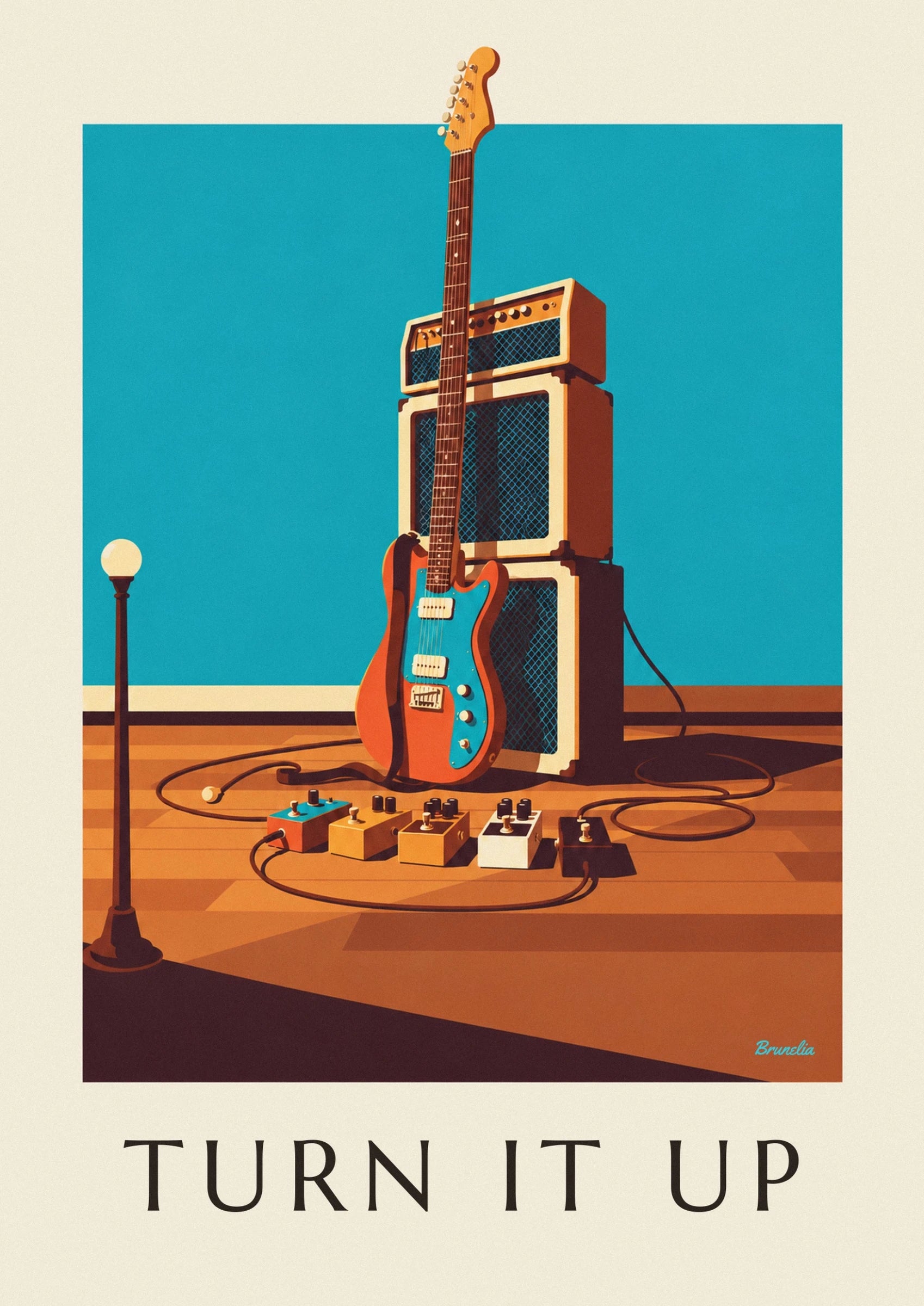 La guitare orange au pickguard turquoise, ses 2 micros crème et sa sangle sombre