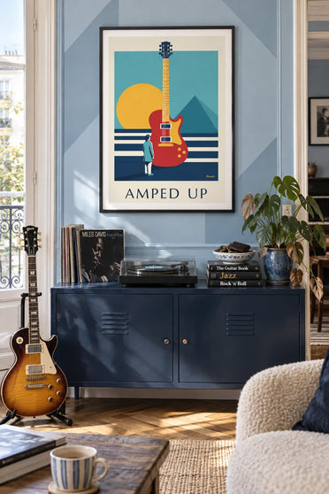 Poster of an electric guitar with geometric patterns: framed on the wall