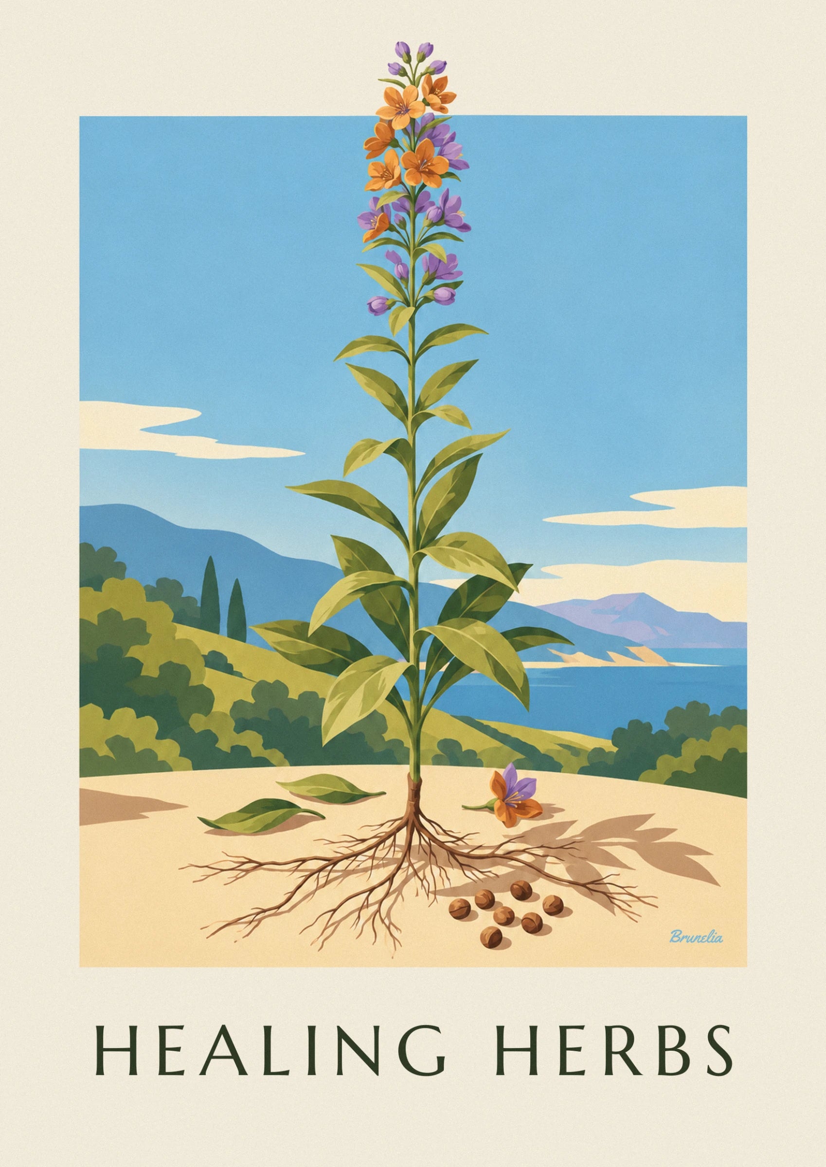 A flowering stem with orange and purple flowers, against a blue sky