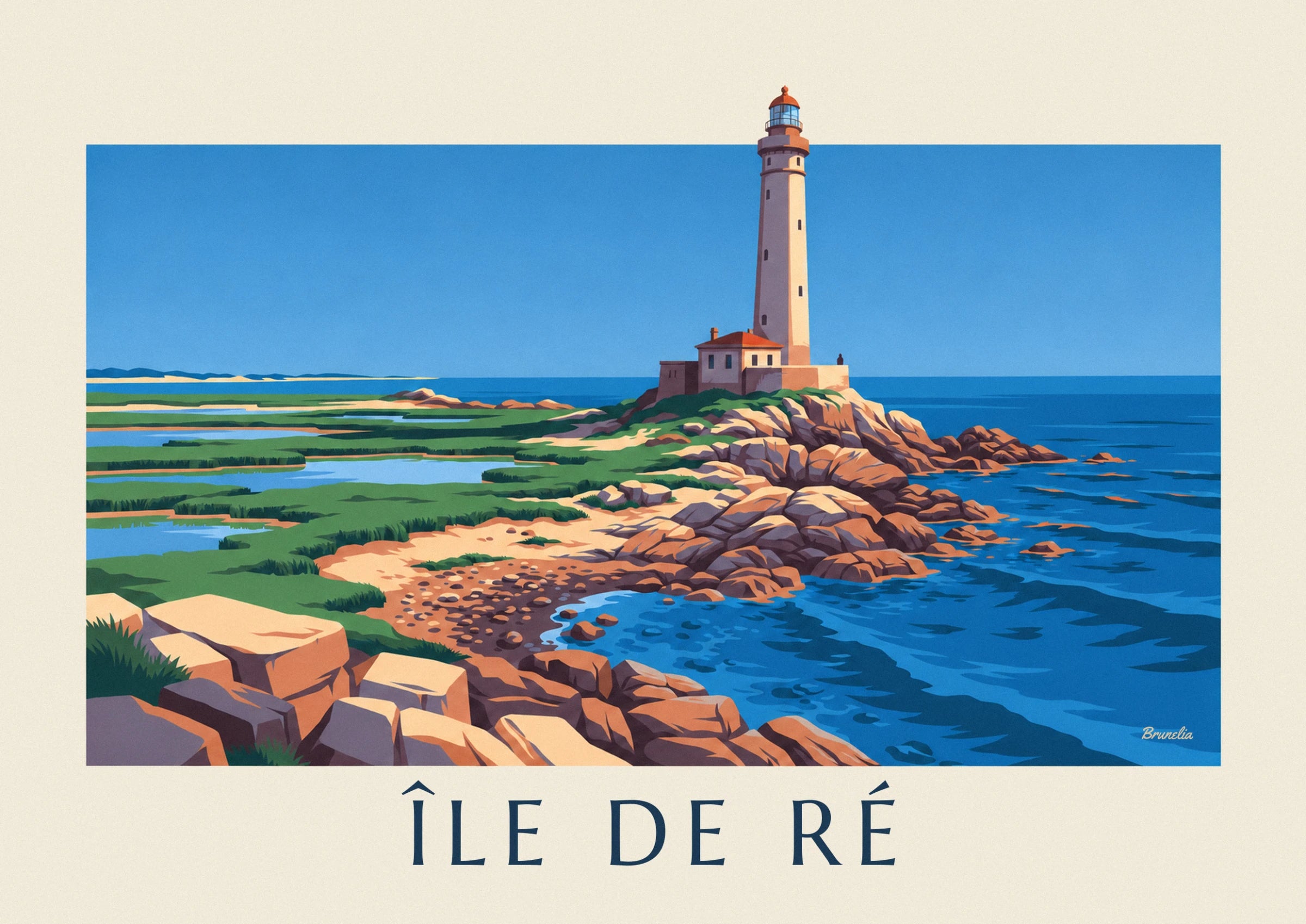 The pale stone lighthouse and its house with an orange roof, perched on the rocks