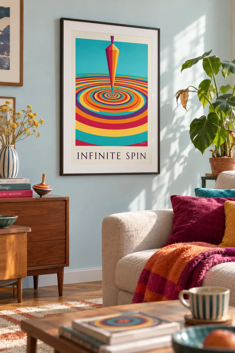 Poster of a spinning top at the center of colorful hypnotic spirals: framed on the wall